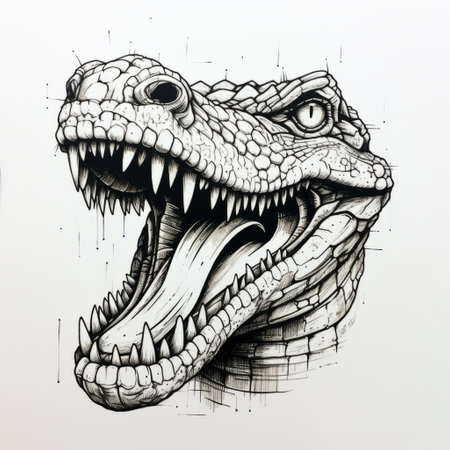 an alligator, depicted in a detailed ink illustration, is seen heading towards the right. the artwork showcases strong facial expression and is created using pencil art techniques. the sketchfab style adds bold graphic elements to the drawing, while the dimensional multilayering technique enhances its visual appeal. the use of light white and dark crimson colors adds depth and contrast to the illustration. ai generatedの素材