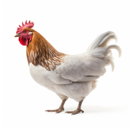 chicken isolated on white, showcasing a dignified pose in the style of a uhd image. the light crimson and white feathers create a visually striking contrast. this national geographic photo captures the chromatic harmony of the chicken's colors. the innovative techniques used in this image make it truly captivating. ai generatedの素材