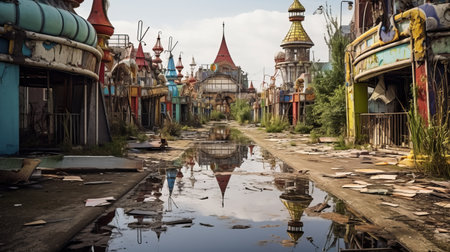 an abandoned city in south korea, characterized by decaying buildings, stands desolate amidst a serene and empty lake. the scene captures the essence of absinthe culture, reminiscent of the works of bordalo ii and santiago rusinol. vibrant gardens add a splash of color to the otherwise dark reflections, creating a captivating streetscape reminiscent of the artistic style of mars ravelo. ai generatedの素材