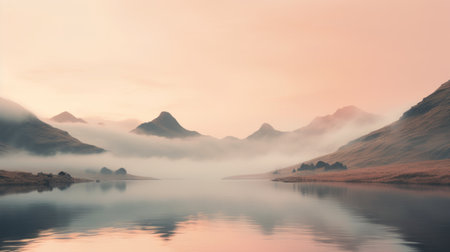 a scenic view of fog-covered water and mountains, captured in a serene and pensive stillness. the muted colorscape mastery in light pink and light orange creates an unreal and tranquil atmosphere. this photograph showcases the beauty of traditional british landscapes, with a touch of light teal and light maroon adding to its captivating allure. ai generatedの素材