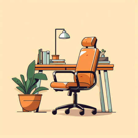 a cartoon illustration of a business office art design, featuring accurate and detailed character illustrations. the design is done in a minimalistic style with vibrant color usage, predominantly light orange and beige. this indoor still life illustration showcases a detailed depiction of a business setting. ai generatedの素材