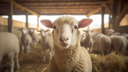 a group of sheep, captured in soft-focus portraits, are seen inside a barn. the vray tracing technique enhances the details, while the social media portraiture style adds a modern touch. the sheep display strong facial expressions, complemented by the warm tones of light orange and light beige. the relatable personalities of these animals shine through in this webcam photography. ai generatedの素材