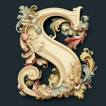 a 3d rendered ornamental letter s in gold and white stands out against a dark background. inspired by the artistic styles of carrie ann baade, heather theurer, and rafa olbiski, this piece showcases rococo pastel hues, colorful woodcarvings, and a realistic attention to detail reminiscent of late 19th-century art. ai generatedの素材