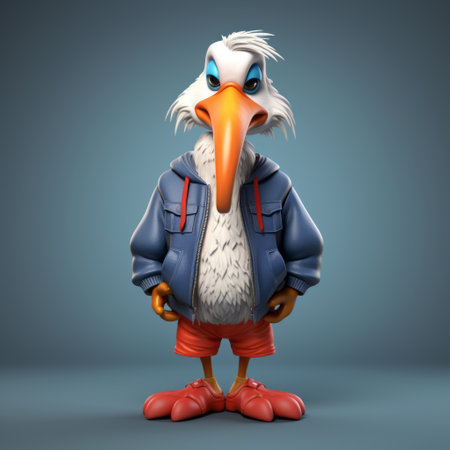 a cartoon spoofed pelican wearing pants is depicted in this animated image. created in the style of zbrush, the character design is bold and eye-catching. the pelican exudes a strong facial expression, capturing a sense of suburban ennui. the color palette consists of light gray and navy, adding to the overall appeal. this unique artwork can be described as "grandparentcore" and has a touch ofの素材