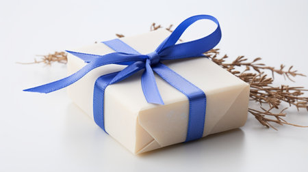 a gift wrapped with a blue ribbon is elegantly displayed on a clean white background. this artistic composition, inspired by the style of yukimasa ida, seamlessly merges natural and man-made elements. the gift, made of ivory, is captured beautifully using a ricoh r1 camera. the unique combination of materials, including rubber and cheese, adds a touch of creativity to this visually stunning image. #vfxfriday, aiの素材