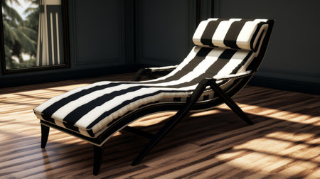 a chaise lounge is showcased in a room filled with natural light streaming through the windows. this rendered image, created in unreal engine, features a striped black and white design that adds a touch of realism. the outdoor scenes are beautifully captured, highlighting the luxurious fabrics of the chaise lounge. this stunning commission showcases the impressive capabilities of rtx technology. ai generatedの素材