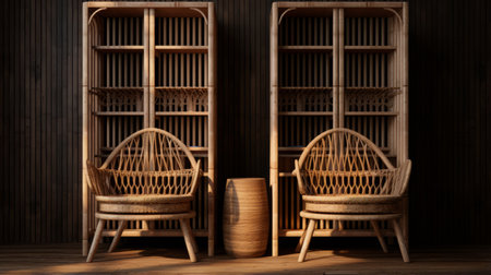 a photo of a hutch 2 pack, featuring a sl wicker dining chair, is captured in beijing east village. the image showcases the intricate details of the chair, with a focus on realistic textures and naturalistic elements. the use of common materials and caffenol developing technique enhances the high-quality outcome of the photo. ai generatedの素材