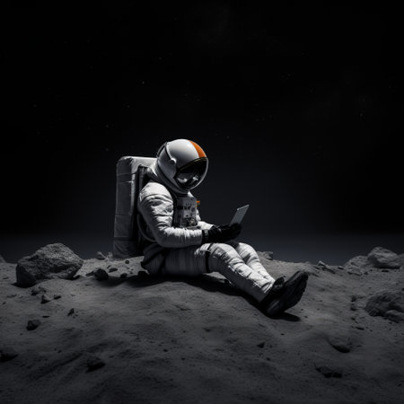 astronaut sitting on space rock, using laptop in a dark and gritty scifi illustration. the image is captured with a hasselblad h6d-400c camera, using iso 200. the style is monochromatic realism, with a combination of dark white and light orange tones. the scene is reminiscent of classical and historical genre scenes, adding a touch of nostalgia. shot with a sony alpha a7 iii. ai generatedの素材