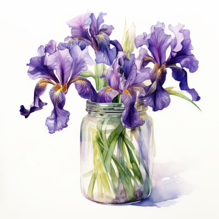 purple irises in a glass vase, depicted in a realistic watercolor painting style. the artwork showcases hyper-realistic animal illustrations, capturing naturalistic shadows and intricate still lifes. this illustration beautifully combines the elegance of purple irises with the artistic techniques of watercolor painting. ai generatedの素材