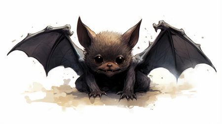 a small bat perched on a paint surface, showcasing detailed character illustrations reminiscent of animated gifs. this artwork by reylia slaby draws inspiration from animal figurines and the style of skottie young. the color palette features dark gray and brown tones, enhancing the caricature-like nature of the illustrations. ai generatedの素材