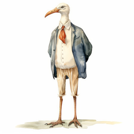 a sketch illustration of a stork in a suit, showcasing uncanny valley realism. the stylish costume design is reminiscent of steve hanks' artwork, while the playful character brings to mind the imaginative characters of hendrick avercamp. this unique artwork combines elements of both realism and fantasy, much like the works of dino valls. ai generatedの素材