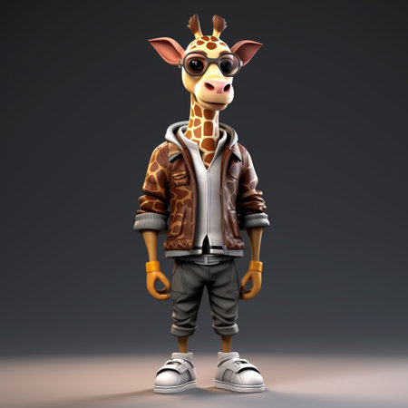 a character from the figg series, along with a giraffe, is depicted in this photo. the character is wearing sunglasses and the artwork is done in a realistic hyper-detailed rendering style. the overall aesthetic has a hip-hop vibe and was created using the unreal engine. the artist, naoto hattori, is known for his youthful protagonists and the forestpunk genre. this artwork may also draw inspirationの素材