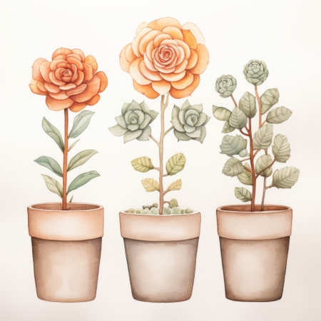 three watercolor flowers resembling roses are showcased in a pot, featuring warm colors, detailed character design, earth tones, light orange, and light green. these editorial illustrations exhibit a soft atmospheric perspective, while also highlighting the concept of restoration and repurposing. ai generatedの素材