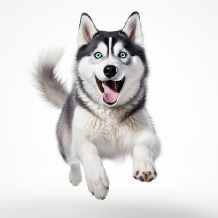 a husky dog, with a strong facial expression, stands on a white background. this digitally manipulated image showcases the husky in a unique way, with a light blue and gray color scheme. the dog appears to be flying, adding a sense of whimsy to the picture. shot with a zeiss batis 18mm f2.8 lens, the image is colorized and features bold chromaticity. ai generatedの素材