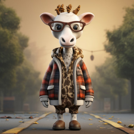 a 4k giraffe wearing a plaid shirt stands on the street, showcasing a cartoonish character design reminiscent of the style found in unreal engine. the sketchfab model features eye-catching details, with a color palette of dark beige and white. this adorable giraffe would fit perfectly in children's book illustrations or even in the world of ratcore. ai generatedの素材
