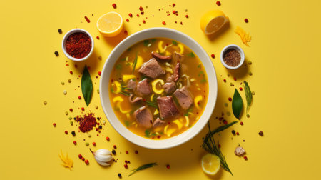 a bowl of soup with sliced vegetables and herbs is beautifully presented on a vibrant yellow background. this hyperrealistic photograph, captured by marcin sobas, showcases the intricate details of the ingredients. the combination of yellow and crimson colors creates a visually striking image. the artistic style, reminiscent of hyperrealistic animal portraits, adds a unique touch to this culinary composition. ai generatedの素材