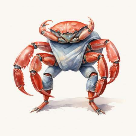 a crab wearing blue clothing and sporting realistic human-like claws is depicted in this artwork. the colors used are light crimson and indigo, adding depth and vibrancy to the detailed character illustration. the style of the illustration is reminiscent of moche art, with ink wash painting techniques employed. the artwork is presented on a gigantic scale, evoking an adventurous theme. ai generatedの素材