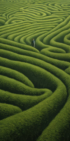 a captivating oil painting captures a child amidst a lush tea field, showcasing kinetic lines and curves. this national geographic photo combines elements of illusory landscapes, japanese photography, and surreal architectural landscapes. the vibrant green hues and mesmerizing zigzags create a visually stunning composition. ai generatedの素材