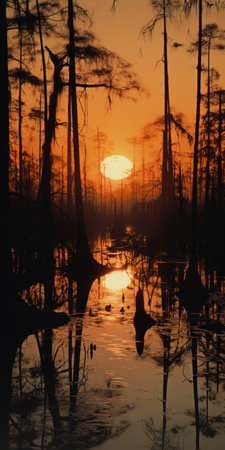 a swamp, illuminated by the warm glow of a setting sun, captivates with its serene beauty. this mesmerizing scene, captured in the style of ansel adams, showcases the intricate patterns of nature. the vintage rolleiflex camera adds a touch of nostalgia, while the transformation into modern geometric shapes adds a contemporary twist. ai generatedの素材