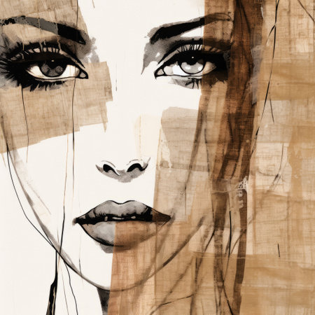 an abstract female portrait in black and white pen and ink, showcasing the style of light brown and beige. this grunge beauty captures the essence of realistic watercolor paintings on a large canvas. with elements of fashion-illustration, it portrays elegant and emotive faces, enhanced by split toning techniques. ai generatedの素材