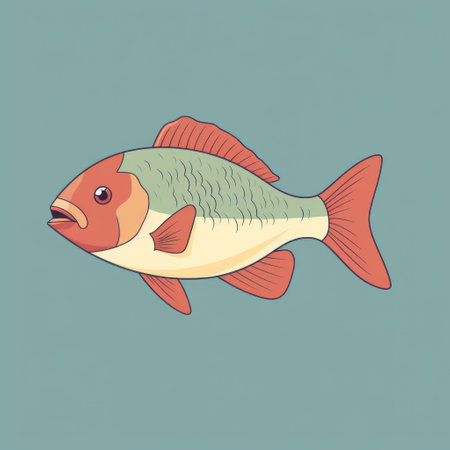 a vibrant white and orange fish swims gracefully against a vivid blue backdrop, reminiscent of golden age illustrations. the fish features flat shading, with accents of dark red and dark green. this political illustration captures a strong facial expression, portrayed in a palette of dark beige and red. this artwork delves into the realm of psychological phenomena, offering a captivating visual representation. ai generatedの素材