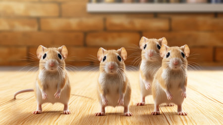 four cute and colorful mice, with light brown fur, are lying on a wood floor. they are looking at each other, creating a sense of symmetry and repetition. the photo, captured using ray tracing techniques, features a motion blur effect. the mice appear bulbous and adorable. ai generatedの素材