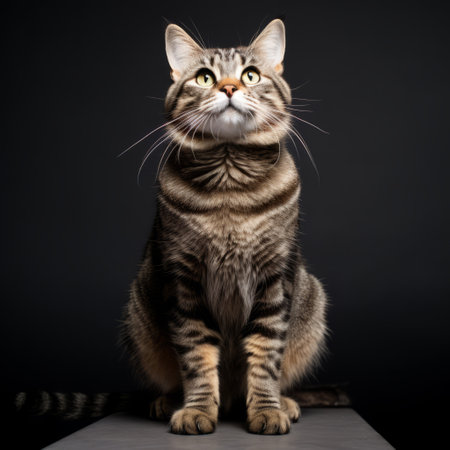 a striped tabby cat with a dark amber and gray coat looks up at the camera. the photo is captured in the style of a black background, reminiscent of a spectacular show of ages. this national geographic photo by charles spencelayh showcases the cat's voluminous mass and full body. ai generatedの素材