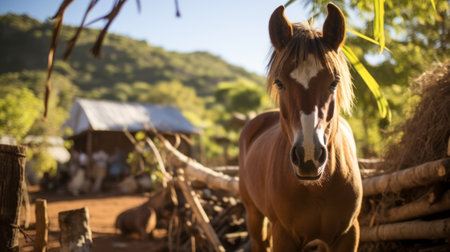 a horse rescuing a female horse in front of a barn, captured in the style of sony fe 35mm f1.4 za lens. the photo showcases the powerful facial expression of the horse, with a touch of mbole art influence. the desertwave landscape serves as a backdrop, highlighting the detailed wildlife in this hasselblad h6d-400c image. ai generatedの素材