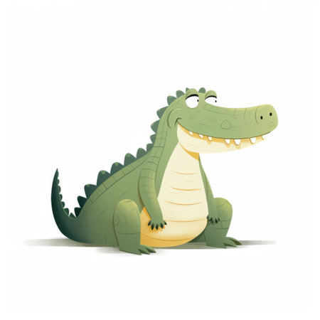 a cartoon crocodile drawing featuring a charming character illustration by raphael lacoste. this adorable cartoon crocodile is depicted in a soft-edged, flat style, against a white background. with gentle expressions and a touch of whimsy, this illustration captures the essence of chilling creatures and the artistry of gene luen yang. ai generatedの素材
