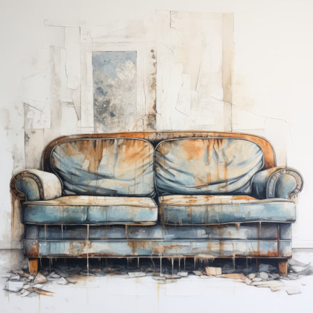 an old couch sits against a dilapidated wall, captured in the style of hyperrealistic illustrations. the artwork showcases a combination of light indigo and bronze tones, reminiscent of monumental ink paintings and soft watercolors. the highly detailed depiction of the couch and the surrounding urban grittiness evokes a sense of trapped emotions within the scene. ai generatedの素材