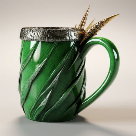 a 3d model and textures of a mug by dragonfly art studio. this mug is designed in the style of emerald and bronze, with sharp and prickly surrealistic details. it showcases a juxtaposition of objects inspired by the 17th century, featuring fine feather details and precisionist lines. ai generatedの素材