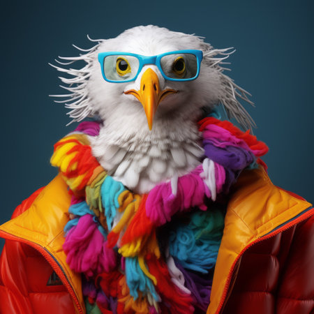 a large eagle, inspired by the iconic american style of mike campau, is captured in this photo. the eagle is adorned with a colorful scarf around its neck, reminiscent of the experimental layering techniques used by pierre pellegrini and brian sum. the image showcases the solarizing master's touch, highlighting the vibrant and colorful costumes of the majestic bird. ai generatedの素材