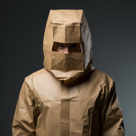 a 3d model of a character wearing a paper bag over their head with a sad face drawn on it. the character is dressed in a dirty, ripped, and disheveled breaking bad costume, with a protruding belly. this full-body shot image is in 8k resolution. ai generatedの素材