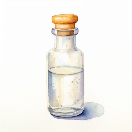 a watercolor illustration of a bottle filled with water, showcasing the use of precious materials and a light white color palette. the artwork is created in a style reminiscent of detailed miniatures, incorporating raw materials. infused with social commentary, this miniaturecore piece captivates with its intricate details. ai generatedの素材