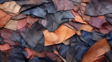 a super wide aerial view photo texture showcasing the vibrant and textured mixed synthetic leather yard mulch. this unique image captures the thick impasto texture and industrial materials, creating a raw and gritty atmosphere. with its high resolution and flat surfaces, this recycled and solar-powered composition embodies the essence of trashcore aesthetics while subtly alluding to politics and the use of raw materials. ai generatedの素材