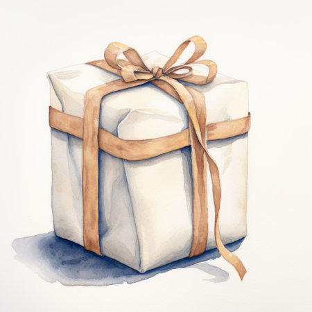 a watercolor hand-drawn picture of a gift box with a ribbon. the style of the painting is light white and bronze, with realistic figurative elements. the artwork features heavy shading and organic sculpting, incorporating symbolic props and industrial materials. the color palette consists of light white and amber tones. ai generatedの素材