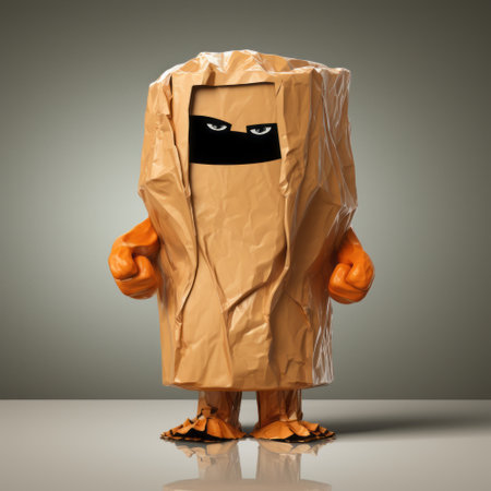 a 3d model of a character from orange is the new black wearing a dirty, ripped, and disheveled costume, with a paper bag over their head. the bag has a sad face drawn on it. the character has a protruding belly. this full-body shot image is in 8k resolution. ai generatedの素材