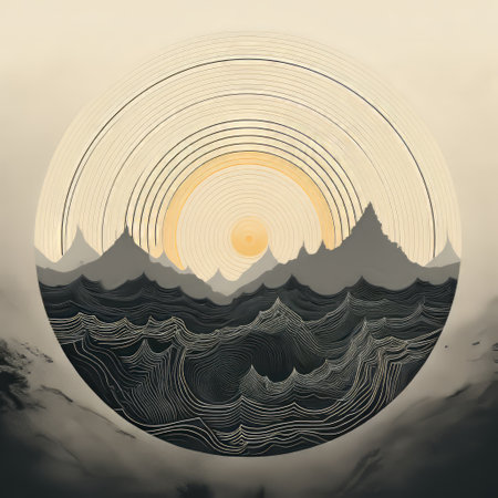 a large circular space featuring a mystical landscape with waves, reminiscent of vintage poster design. the artwork showcases subtle atmospheric perspective and graphic illustration, drawing inspiration from himalayan art. the color palette consists of light yellow and dark gray, creating an optical illusionistic effect. ai generatedの素材