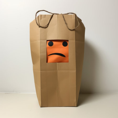 a 3d model of a character from orange is the new black wearing a dirty, ripped, and disheveled costume, with a paper bag over their head. the bag has a sad face drawn on it. the character has a protruding belly, and the image is a full-body shot in 8k resolution. ai generatedの素材