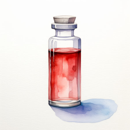 glass container with red liquid, featuring watercolor-style illustrations. fine detailed and emotional watercolors create a somber atmosphere. the highly detailed and scientific illustrations showcase a subtle use of light and shadow. ai generatedの素材