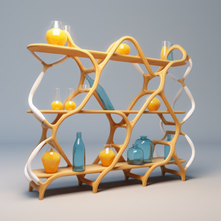 3d model of a shelf, combining organic molecules list and fabrication elements. the design features a mellow yellow and champagne color scheme, with crossed lines in champagne and sky-blue-crayola. the shelf has a unique texture resembling seaweed in brown, creating a visually appealing mesh pattern. ai generatedの素材