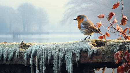 a winter bird perches on a wooden trestle, creating a scene reminiscent of chilling creatures in the mist. the image captures the richly layered beauty, inspired by artists like govaert flinck and matthias haker, who specialize in romantic riverscapes. the selective focus adds depth and intrigue to this captivating photograph. ai generatedの素材