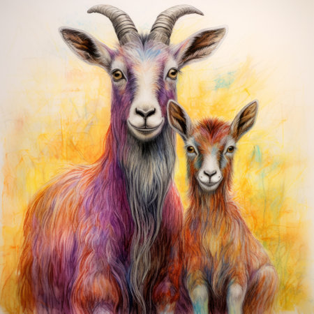 a pair of colorful goats, reminiscent of the artistic styles of tatiana suarez, kerem beyit, and patricia piccinini, stand against a vibrant background. this traditional ink painting showcases hues of magenta and amber, creating a visually striking image. the uhd resolution captures the goats' childlike innocence in exquisite detail. ai generatedの素材