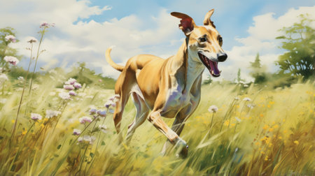 a dog running through a field with realistic detailing, resembling a storybook illustration. the image captures hyper-realistic bird studies, showcasing playful expressions. the artwork is created using speedpainting techniques, resulting in a smooth and polished finish. the color palette consists of light yellow and light maroon tones. ai generatedの素材