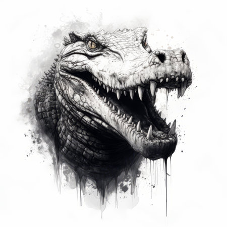 an alligator head is depicted in a black and white drawing, showcasing a color splash style with elements of realism and fantasy. this captivating artwork, created in 8k resolution, features a strong facial expression and charming character illustrations. the spray painted technique adds a unique touch to this apocalyptic-themed piece. ai generatedの素材