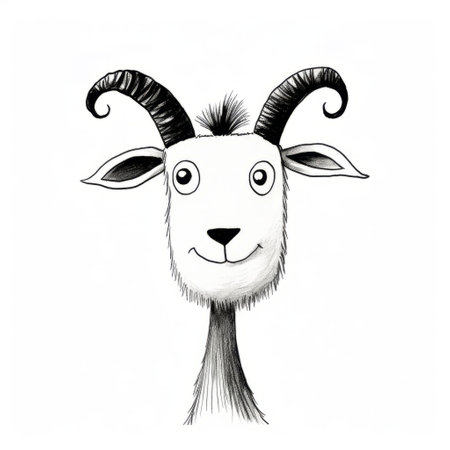 a whimsical black and white illustration of a goat with a big mouth and large horns, reminiscent of charming character illustrations found in children's books. this unique artwork captures the essence of a playful and mischievous goat, with its rough-edged 2d animation style adding to its charm. the image was taken using spot metering on a webcam, resulting in a captivating and visually striking composition.の素材