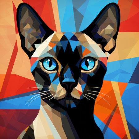 the cat is adorned with various geometric patterns, showcasing a blend of light bronze and dark azure hues. the colorful abstract expressions, reminiscent of cubist-inspired portraits, feature precisionist lines. the composition incorporates a striking combination of dark crimson and sky-blue tones, as well as accents of light orange and black. the image is digitally enhanced, adding depth and vibrancy to the overall aesthetic. ai generatedの素材