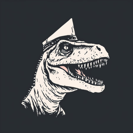 a t-rex on patrol t-shirt featuring a simplified and stylized portrait of the iconic dinosaur. the dark composition and linear illustrations create a distinctive character design. the t-shirt is designed in dark navy and white, with a close-up of the t-rex, making it a unique and eye-catching piece. ai generatedの素材