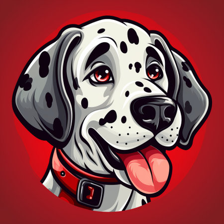 a pop art cartoonish illustration of a dalmatian dog sticking out its tongue. the illustration features a dark red and light gray color scheme with rounded and detailed background elements. the dog's facial expressions are lively, and the style of the illustration is characterized by spot metering and hard edge painting techniques. ai generatedの素材