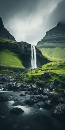 a stunning photograph of a waterfall surrounded by majestic mountains in the background. this captivating image, taken by johannes voss, showcases the beauty of nature. it has won the unsplash contest and is a masterpiece of visual art. with a front-facing perspective, the picture exudes nostalgic vibes and is perfect as a high-quality 4k vertical wallpaper for your phone. the serene and sparsely populated landscapeの素材